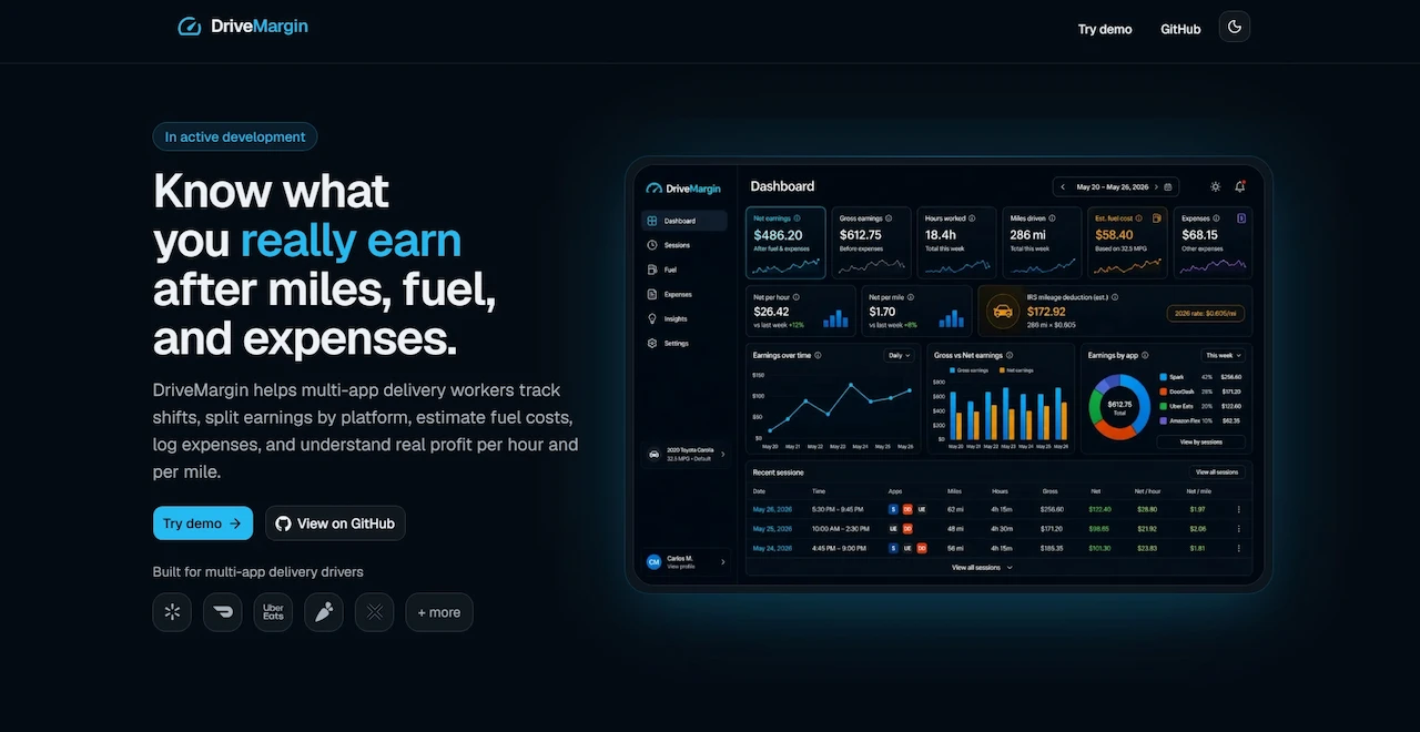 DriveMargin landing page with dashboard preview and profitability messaging