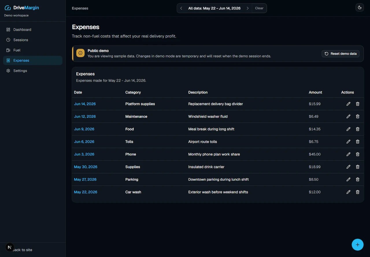 DriveMargin expenses table showing non-fuel delivery costs by date, category, description, amount, and actions