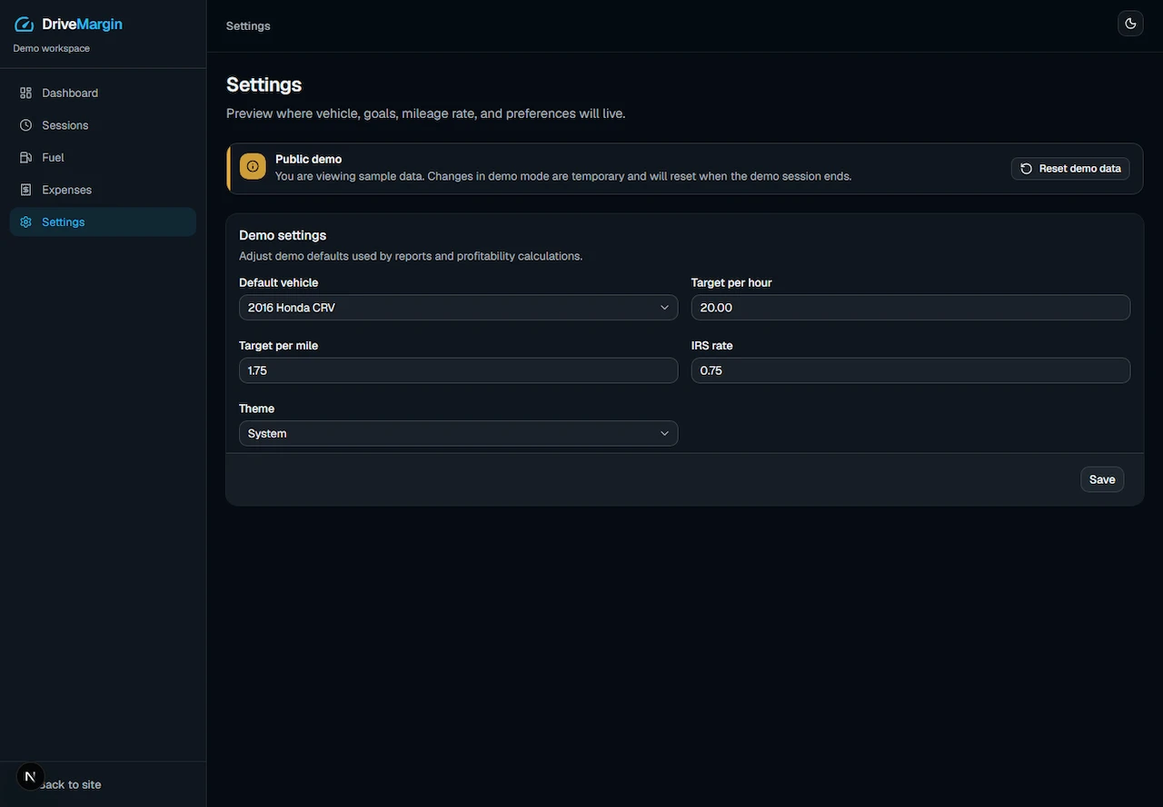DriveMargin settings page with editable vehicle, target profit goals, IRS mileage rate, and theme preference
