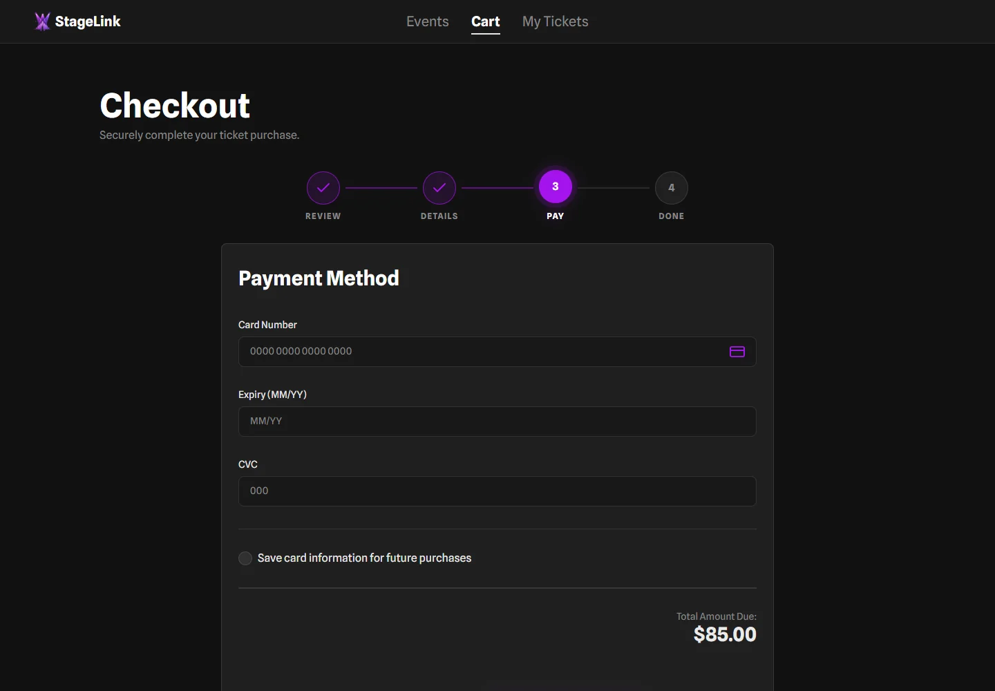 StageLink simulated payment step