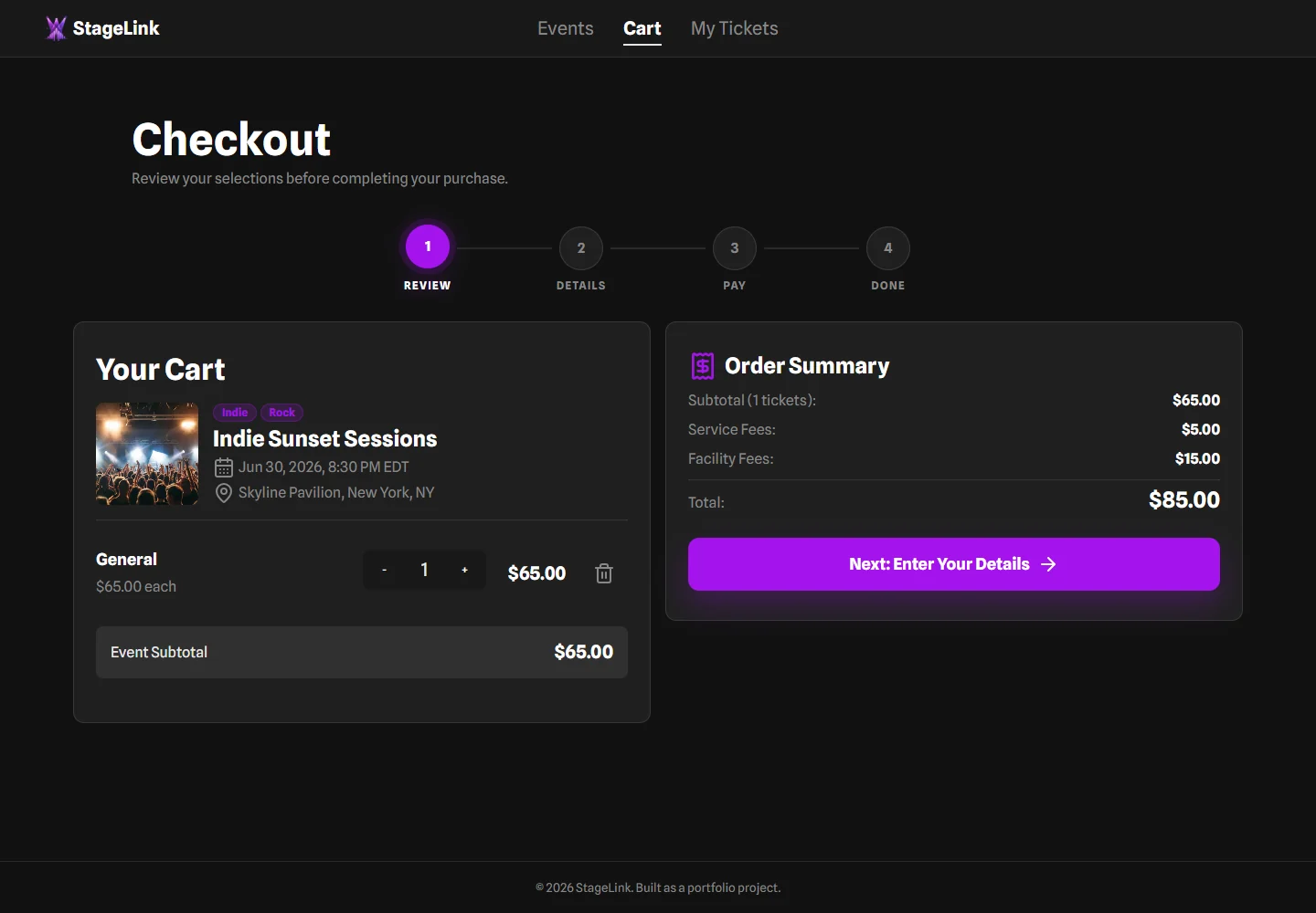 StageLink checkout review step with cart and order summary