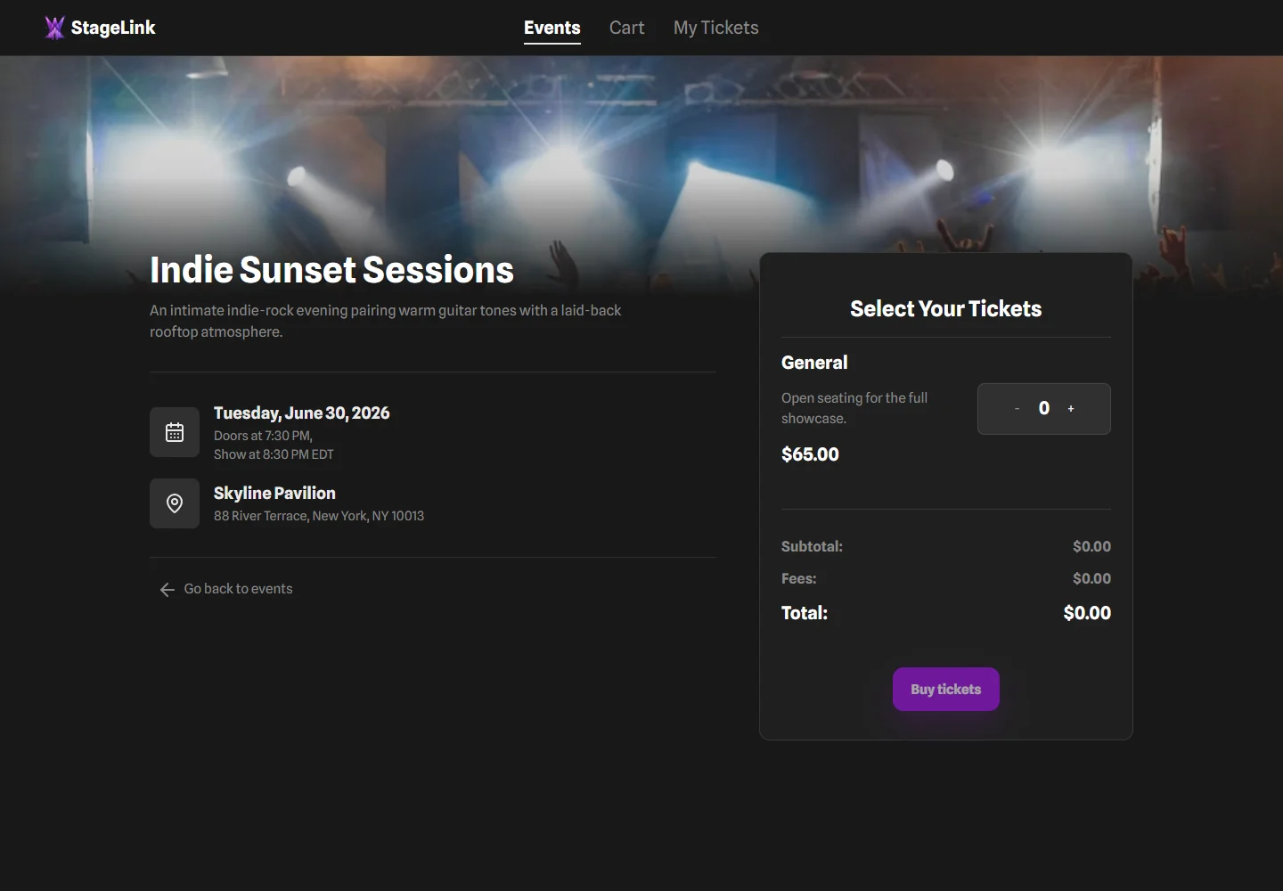 StageLink event detail page with ticket tier selection
