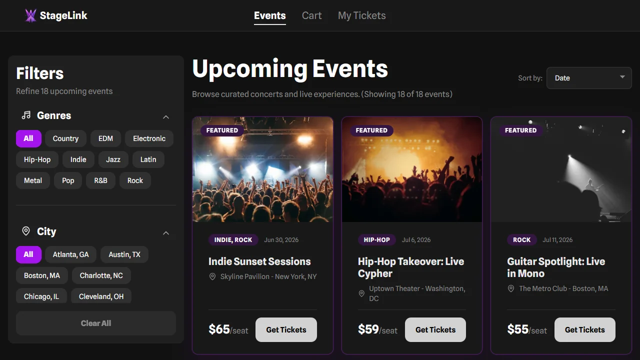 StageLink events listing with filters and sorting controls