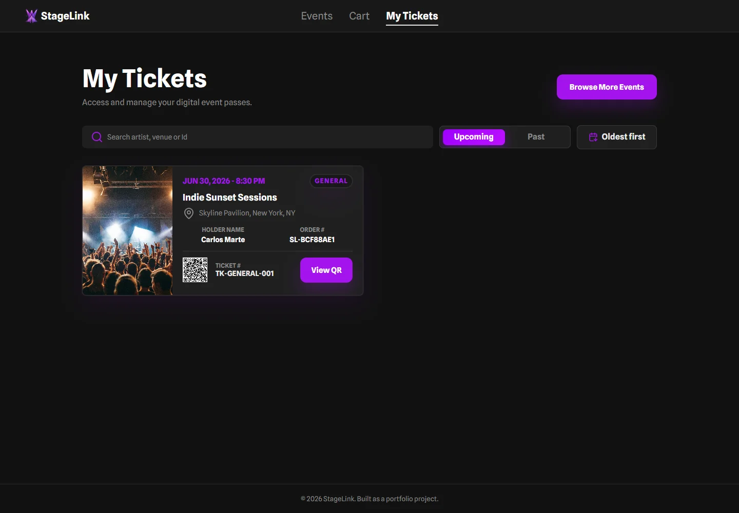 StageLink My Tickets page with generated digital ticket